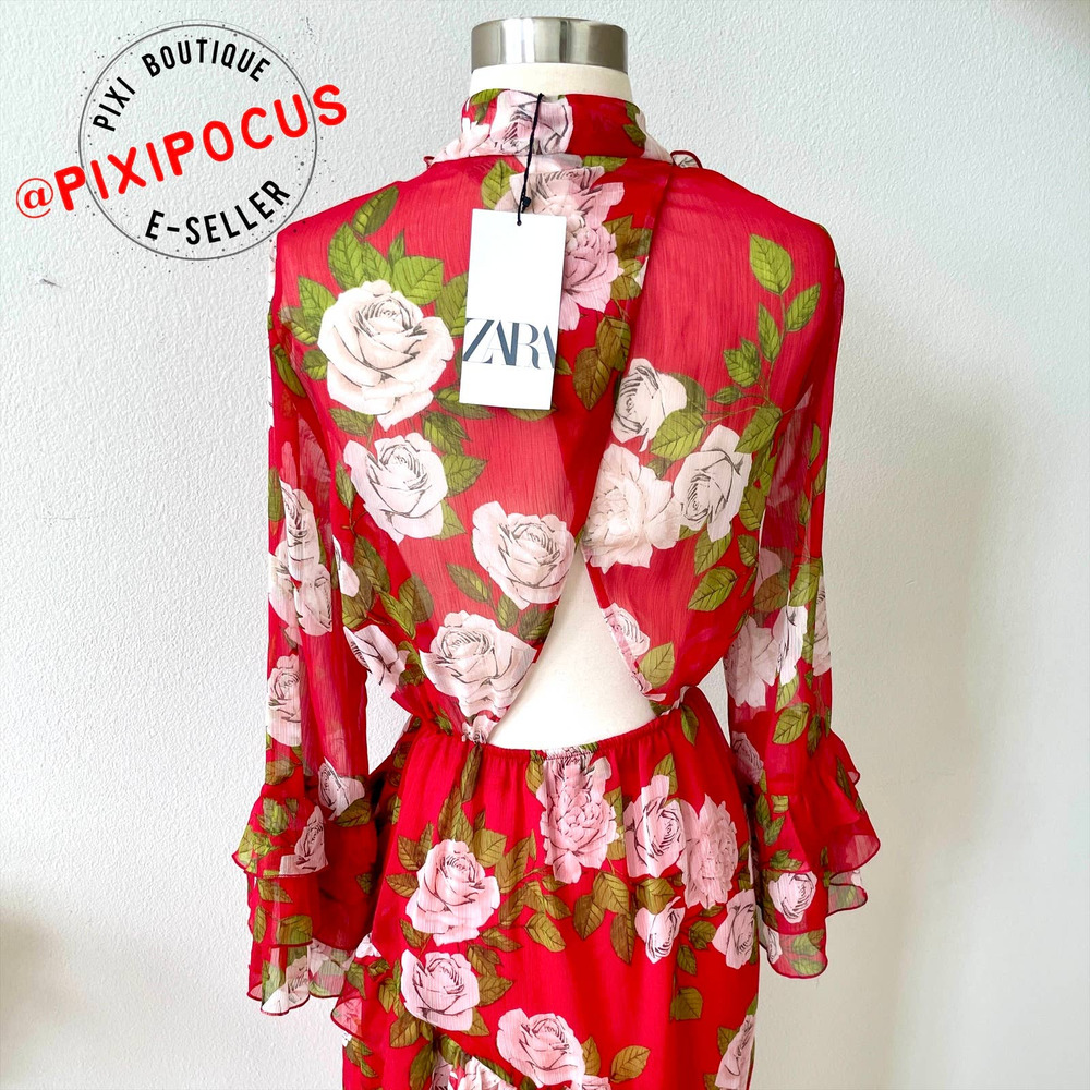 ZARA FLOWY RUFFLE TRIM LONG DRESS WITH TIE ROSE PRINT RED - Picture 7 of 16